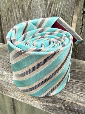 Original Penguin Mens Silk Repp Tie Striped Turquoise Cream Black 2.75” Skinny